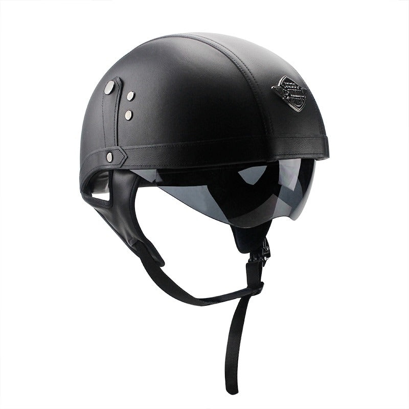 Retro Leather Half Helmet - Retractable Visor